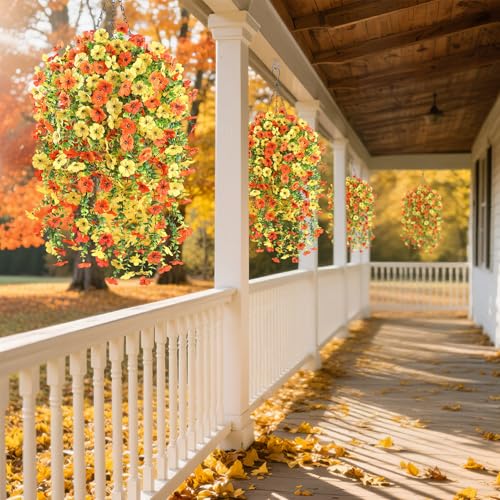 Artificial Fall Flowers for Outdoors UV Resistant Orange Fake Mums Decor - color: Orange Yellow