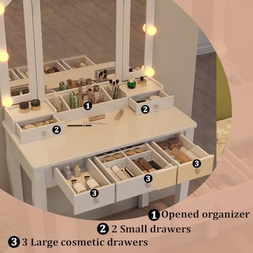 White Vanity Desk with Mirror and Lights Makeup Vanity Set Teen Vanity Mirror with Lights Desk and Chair Makeup Vanity Table Makeup Vanity with Drawers - style: White