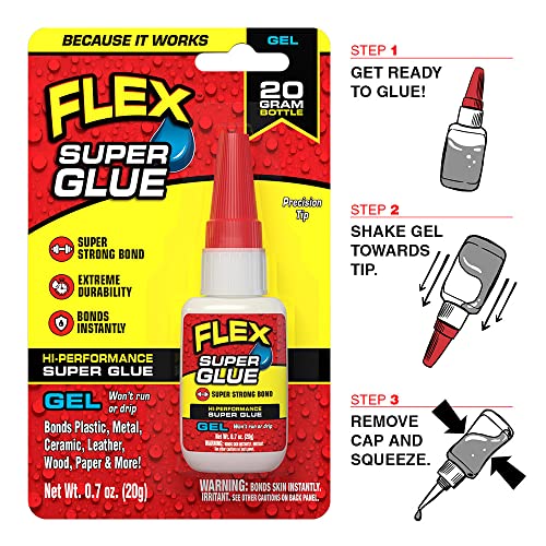 Flex Super Glue Gel, 20 Gram Bottle, 1-Pack, Clear, Instant Bond, Quick Dry, Cyanoacrylate Adhesive, Precision Tip for Wood, Metal, Plastic, Crafts, Ceramic, and Toy Repairs - size: 1-Pack, style: Gel 20 Gram Bottle