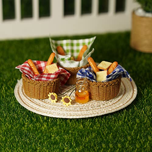 Miniature Food Dollhouse Accessories Garden Decor 1:12 Scale Bread Honey Picnic Basket Cloth Flowers 9PCS Garden Decoration Mini Room Display Props Model (Blue Picnic Cloth) - style: Blue Picnic Cloth