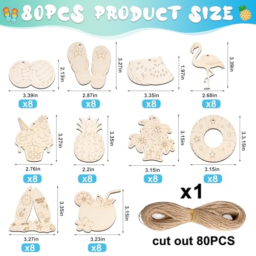 80PCS Unfinished Ornament Wood Crafts, Painting Blank Wooden Cutouts - color: Summer