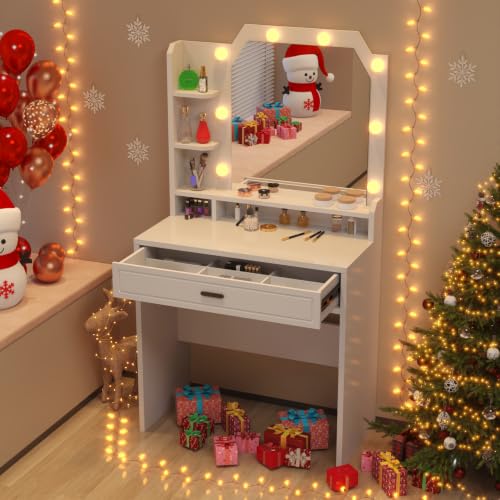 Makeup Vanity with Mirror with Lights for Girls White Lighted Vanity Desk Small Makeup Vanity Table Set with Storage Drawers 3 Lighting Modes & Adjustable Brightness - style: New White