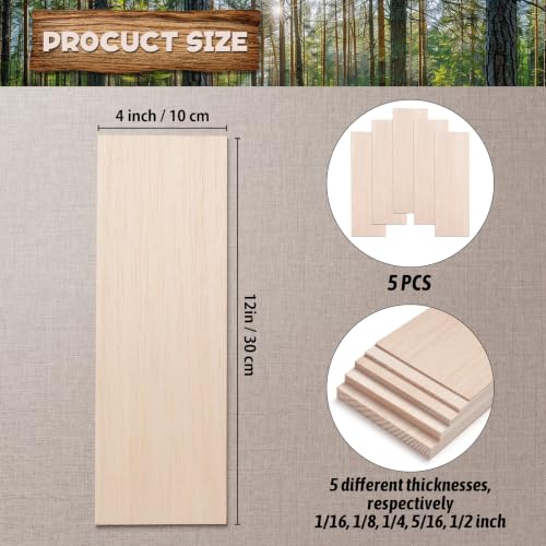 Balsa Wood Sheets in 5 Thickness, 5 PCS 12" x 4" Wood Pieces for Crafts - size: 12″x4″x(1/16″+1/8″+1/4″+5/8″+1/2″)
