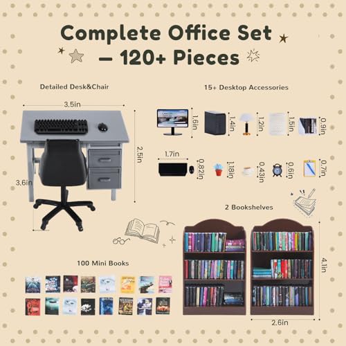 1:12 Scale Mini Desk Set with 100 Mini Books & 2 Bookshelves — Miniature Dollhouse Furniture Set with Office Chair, Computer & 15+ Accessories — Mini Desk Accessories for Doll House Diorama - color: Vintage Brown