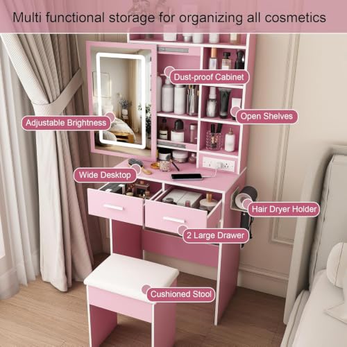 Small Makeup Vanity Desk with Lighted Mirror & Charging Station, Compact Vanity Set with Stool, Hair Dryer Holder, 2 Drawers & Storage Shelves, Space-Saving for Girls Bedroom (Pink) - color: Pink