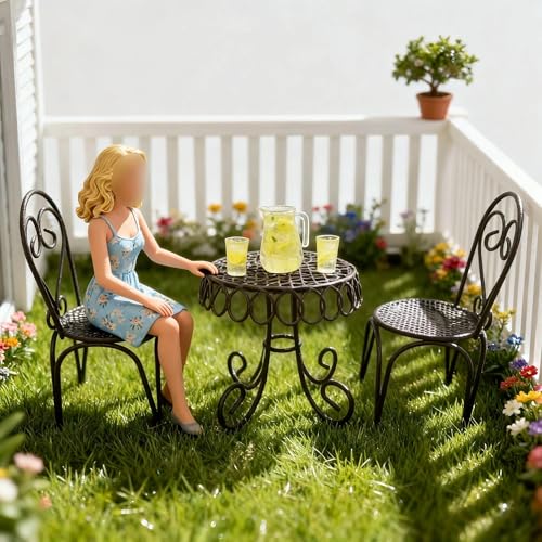 6 PCS Dollhouse Mini Bistro Table & Chairs Set with Resin Lemon Tea Set - color: Black