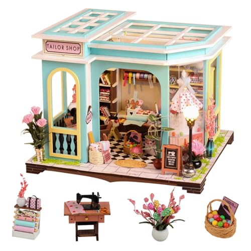 DIY Miniature Dollhouse Kit, Mini House Making Kit w/LED, Tailor's Shop