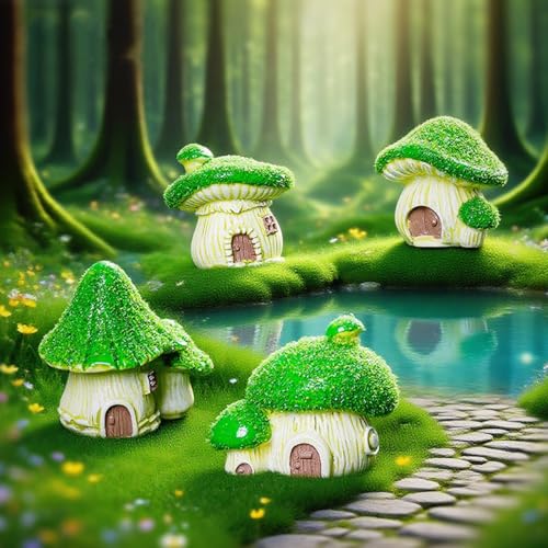 Set of 4 Flocked Miniature Mushroom House Fairy Garden Accessories, Mini Resin Gnome Elf House Figurines for DIY Micro Landscape Decor Outdoor Bonsai, Terrarium, Planter Flower Pot Ornaments - color: Mushroom House