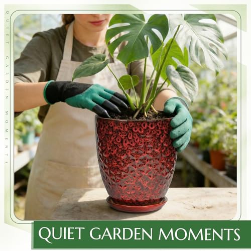 9.5 Inch Flower Pots for Indoor Plants,Ceramic Planter with Saucer Drainage Leak-Proof Mesh Gardening Gloves (Diamond Red) - color: Diamond Red, size: 9.5 Inch