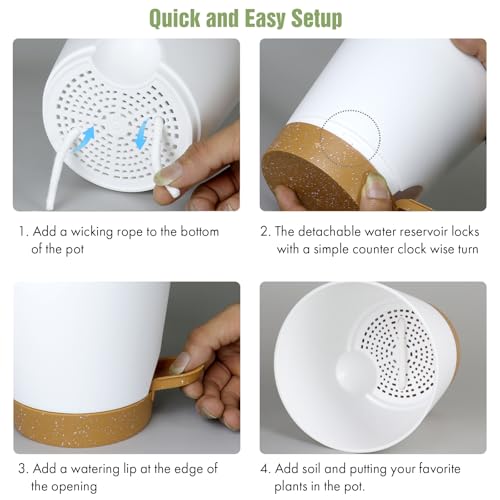 WSMKSZ 4 inch Self Watering Pots for Indoor Outdoor Plants, 6 Pack Plastic Flower Planters with Drainage Holes and Removable Saucers, Plant Pots with Wicking Rope, Modern Decor, White Brown - color: White Brown, size: 4inch 6pcs