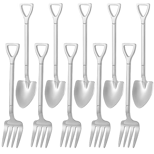 Comicf 10 Pcs 4.7 Inches Coffee Spoon Fork, Silver Shovel Shape Dessert Coffee Small Spoon Cocktail Picks Fruit Fork Flatware, Stainless Steel Tea Spoons Set (5 Spoons 5 Forks, Silver) - color: 10 Pcs Silver (5 Spoons+5 Forks), size: 10 Pcs