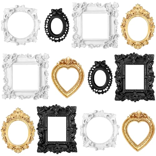 Remerry 12 Pcs Mini Picture Frames Vintage Resin DIY,Gold, Black, White - color: Gold, Black, White