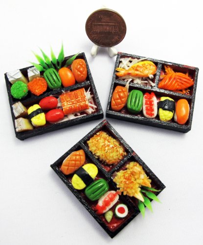 Set 3 Handmade Miniature Sushi Bento – 1:6 Scale Realistic Clay Japanese Food for Dollhouses, Doll Accessories, DIY Crafts & Collectible Miniature Kitchen Decor for Individuals Aged 14 and Above