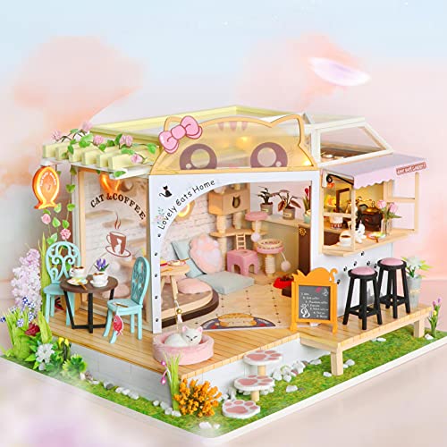 GuDoQi DIY Miniature Dollhouse Kit, Tiny House Kit with Music, 1:24 Scale, Handmade Crafts Gift for Christmas Day Birthday, Lovely Cats' Coffee Shop - color: Coffee Shop