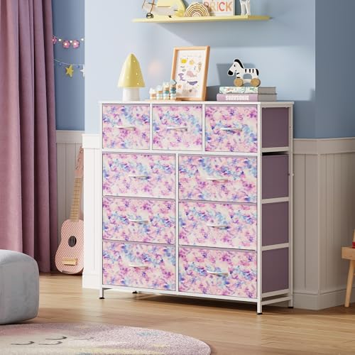 WLIVE Tall Dresser for Bedroom, 9 Drawer Chest of Drawers, Tie-Dye - color: Tie-dye Purple Print