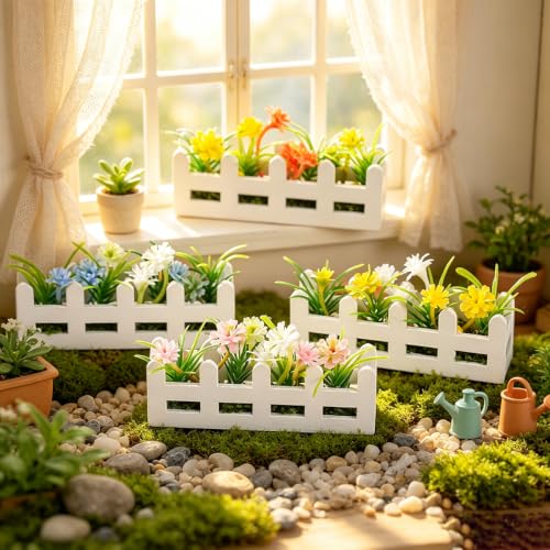 Artificial Flower Set Wooden Picket Fence Planter Box Fake Floral Ornament Micro Landscape Desk Decor for Women Adult (1C) - color: 1c