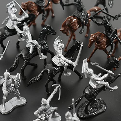 Army Knight Figures 28PCS Medieval Knight Soldiers with Horses and Cavalrymen, Knight Miniatures Playset, Medieval Party Favors, Cake Toppers and Collectors