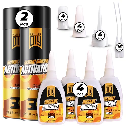 CA Glue with Activator (4 x 1.76 oz. + 2 x 13.5 fl oz.) - Industrial-Grade Cyanoacrylate Adhesive and Super Glue Accelerator for Woodworking, Crafts, DIY, and Repairs, Instant Glue Bond - size: 2 Pack