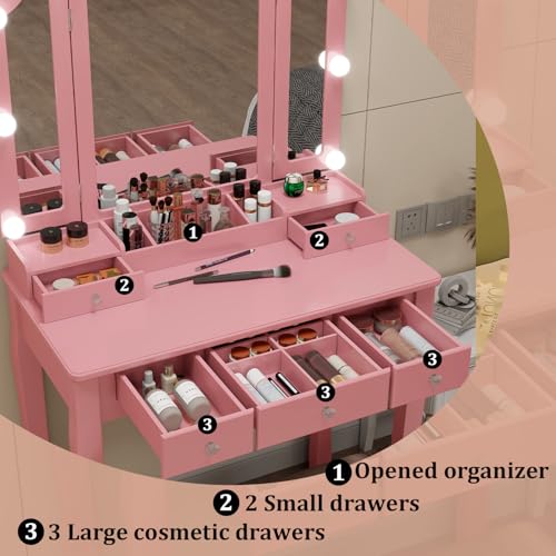 Pink Vanity Desk With Mirror And Lights For Girls Makeup Vanity Desk With Chair Vanity Table And Stool Set With 5 Storage Drawers 3 Colors Lighting Modes Tri Fold Vanity Mirror Lighted Vanity - style: Pink