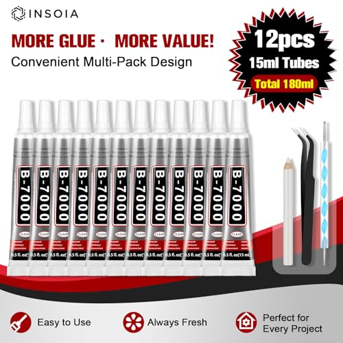 INSOIA B7000 Bedazzling Glue Tool Clear, 12 x 15ml Precision Tip - size: 15g*12pk*1 dual-end pen,1 wax pencil,1 tweezer