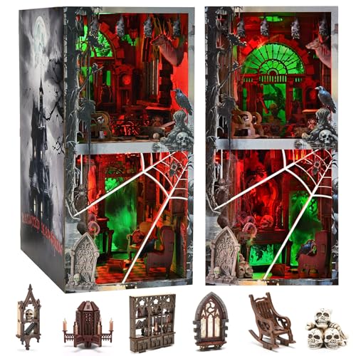 fifijoy Haunted Horror Book Nook Kit, DIY Miniature Dollhouse Halloween Booknook Kit, Spooky Creepy Scary 3D Wooden Puzzle Bookend Bookshelf Insert Decor with LED Light (Haunted Mansion) - color: Haunted Mansion