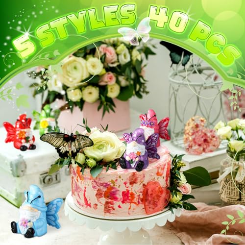 Wesiti 40 Pcs Spring Decoration Butterfly Mini Resin Gnomes 1.18 Inch Spring Miniature Figurine Statues Tiny Gnomes Decor for Table Dollhouse Desk Indoor Outdoor Home Garden Plant Pot - style: Butterfly
