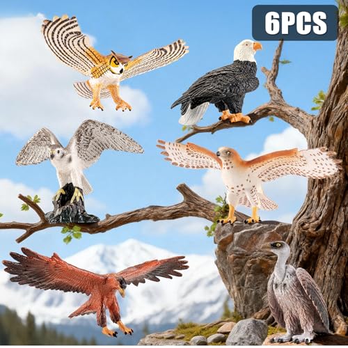 6PCS 6" Large Birds of Prey Animal Figurines,Include Hawk,Eagle,Owl,Falcon & Vulture Figures,Solid Plastic Zoo Animal Models Toys, Birthday Gift Cake Toppers Party Favors for Boys Girls - style: Realistic