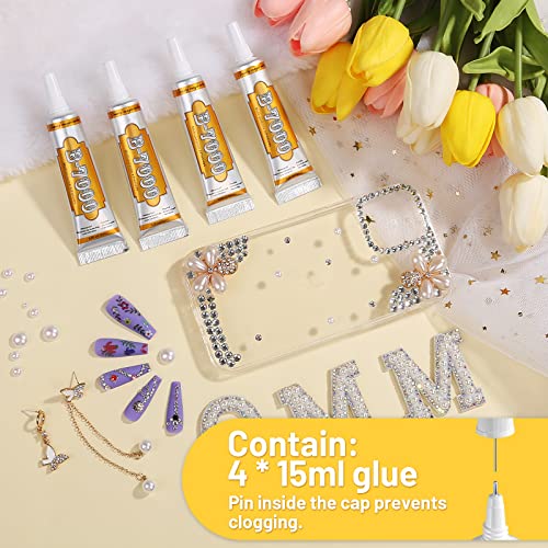 B7000 Jewelry Metal Glue with Precision Tips, Upgrade Clear B-7000 Glues Paste Transparent Liquid Fusion Fabric Glue for Phone Repair, Glass, Wooden, Rhinestone Jewelry Crafts, DIY Tumblers (4 x15ML) - color: 4 x15ML/ 0.5fl oz