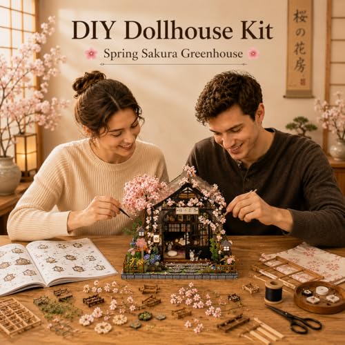 Roroom DIY Miniature House Kit, Dollhouse Kit with Dust Cover & LED Lights - color: Spring Sakura Greenhouse