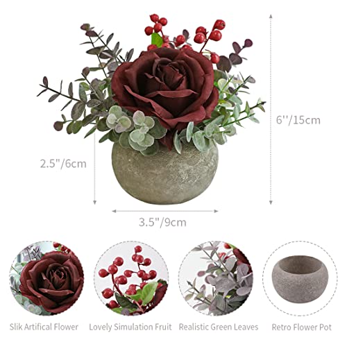 Small Artificial Burgundy Rose Potted Plant, Mini Faux Floral Decor - color: Burgundy