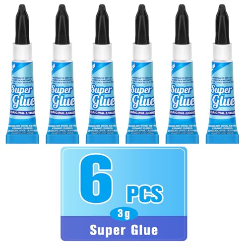 Super Glue Liquid Clear 3 Gram (Pack of 6) for Plastic Metal & Wood – Instant CA Adhesive All Purpose Multipack, Crazy Glue for Ceramic 3D Printing Shoe Crafts, Strong Bonding Single Use Minis - size: 6 x 3G