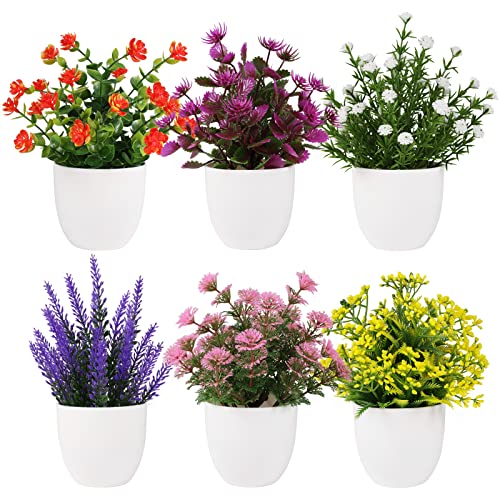 Yoratee 6 Pack Small Artificial Flower Potted Plants, Mini Faux Flowers in Pots Colorful Fake Plants for Indoor Bathroom Office Desk Tabletop Windowsill and House Shelf Decorations - color: B-colorful-6pcs