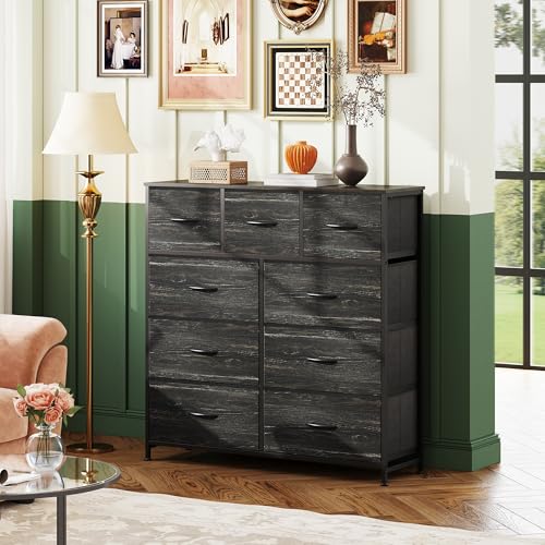 WLIVE Tall Dresser for Bedroom, 9 Drawer Chest of Drawers, Black Wood Grain - color: Charcoal Black Wood Grain Print