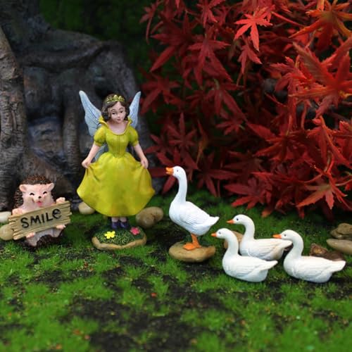 Miniature Garden Fairy Set, 6 PCS Resin Figurines with Winged Fairy in Yellow Dress, Hedgehog with Smile Sign, White Ducks, Outdoor Indoor Decor - color: 6 Pcs Fairy Hedgehog Ducks Set