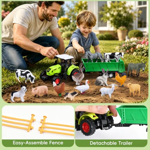 SIENON 26Pcs Mini Realistic Farm Animals Figures with Tractor Toys - size: Mini Farm Toy Tractor Set