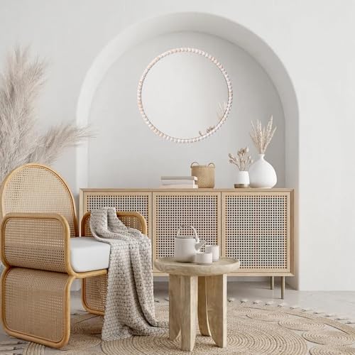 15inch Small Round Boho Beaded Mirrors for Wall Decor, Cute Decorative Hanging Wooden Circle Nursery Mirror for Girl Room, Bedroom, Livingroom - color: Round