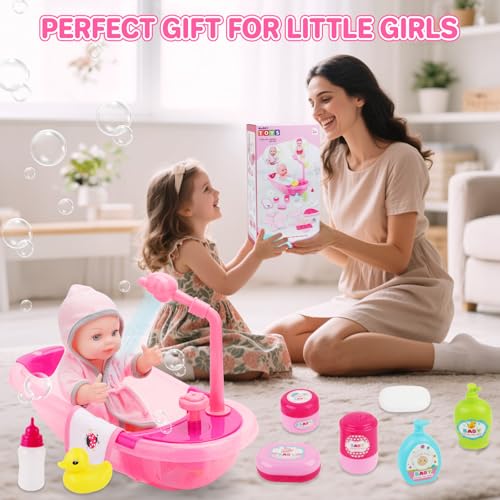 deAO 12" Baby Doll Bath Playset Functional Bathtub Detachable Shower - color: Pink