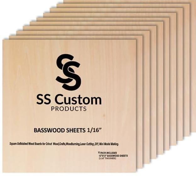 Basswood Sheets for Crafts - 10 Pack - 12 x 12 x 1/16 Inch - 1.5mm Thick Plywood Sheets with Smooth Surfaces - Bass Wood for Laser Cutting, Wood Burning, Architectural Models, Staining, Drawing - color: Basswood Pack of 10