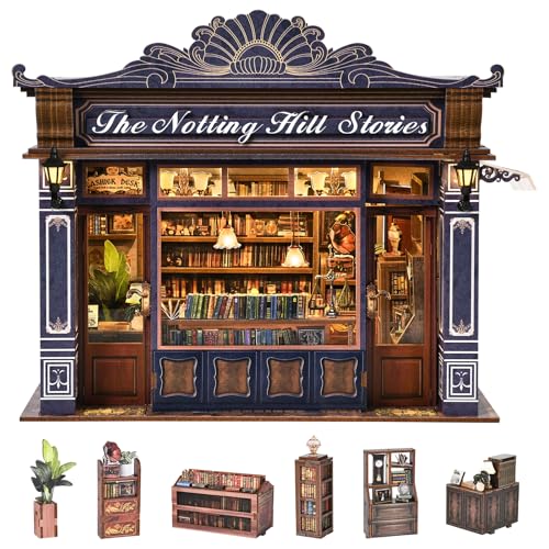 DIY Miniature House Kit, Dollhouse Fantastic Book Store for Adults to Build, Birthday/Christmas Day Gift for Family and Friends, Prefab Tiny Home with LED Lights,The Notting Hill Stories - color: The Notting Hill Stories