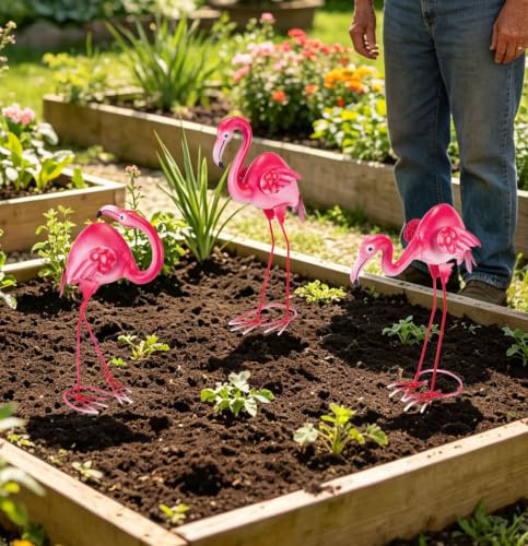 3Pcs Pink Flamingo Garden Statues 15" Metal Flamingo Luau Party Decorations - color: 3 Pack Flamingo