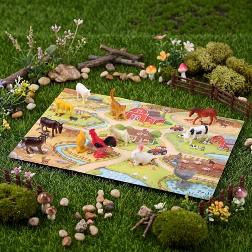 Teyva 156 Pcs Mini Farm Animal Figurines with Foldable Farm Background Card