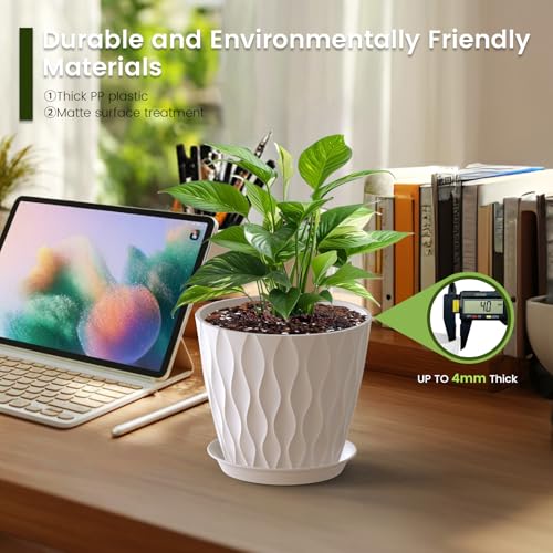 Meowell 7 inch Plant Pots for Indoor Outdoor Plants, 5 Pack Thick Nursery Pots with Drainage Holes and Saucers, 3D Modern Wave Texture Plastic Planter Pots for Flowers and House Plants, White - color: White, size: 7 inch 5 pieces