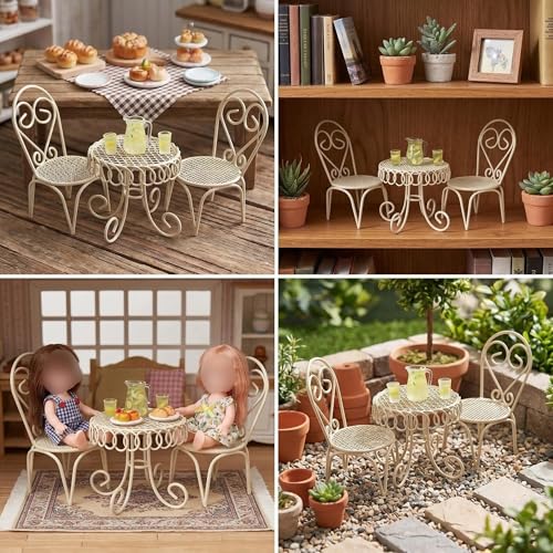 6 PCS Dollhouse Mini Bistro Table & Chairs Set with Resin Lemon Tea Set - color: Beige