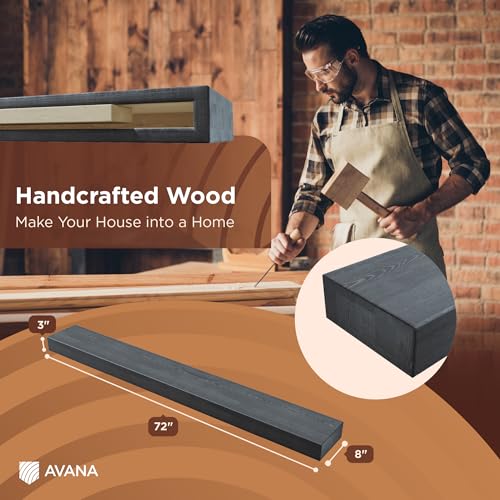 Avana Floating Fireplace Mantel - Handcrafted Wood, 72 Inches x 8 x 3, Gray Finish - Shelves for Over Fireplace - color: Grey, size: 72 X 8 X 3