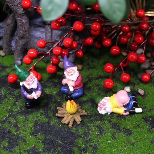 Miniature Garden Gnome Set with Campfire, 4 Piece Outdoor Indoor Decorative Resin Figurines, Sleeping Dwarfs for Yard Patio Lawn, 1.18-2.72 Inch - color: 4 Pcs Gnomes Campfire Set