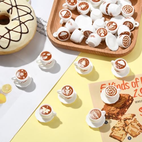 Stiesy 64 Pcs White Plate and Coffee Cup Miniature 9 Styles Tiny Dish Latte Art Ornaments Figurines for Bakery Showcase Coffee Shop Counter Decor - color: White Plate and Coffee-64pcs