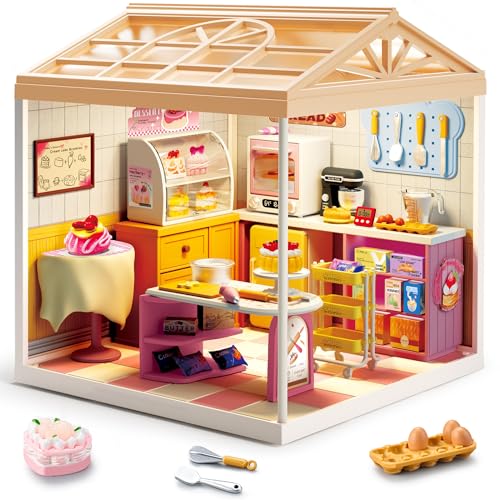 Bakery Shop DIY Miniature House Kit with Roof & LED Light, Stackable & Connectable Dollhouse Kit with Dustproof Door, Creative DIY Crafts Building Toy Gift for Adults Teens - color: Baking, size: Meduim