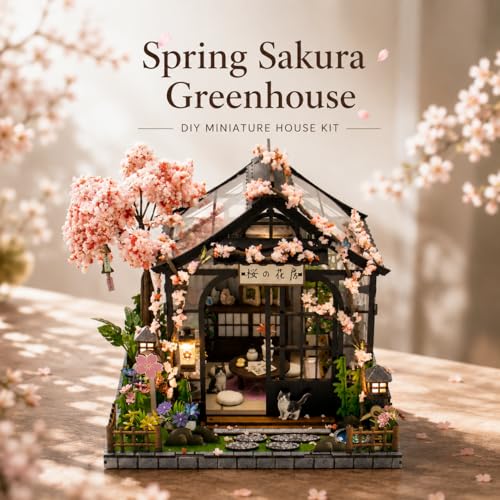 Roroom DIY Miniature House Kit, Dollhouse Kit with Dust Cover & LED Lights - color: Spring Sakura Greenhouse