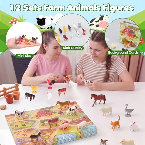Teyva 156 Pcs Mini Farm Animal Figurines with Foldable Farm Background Card
