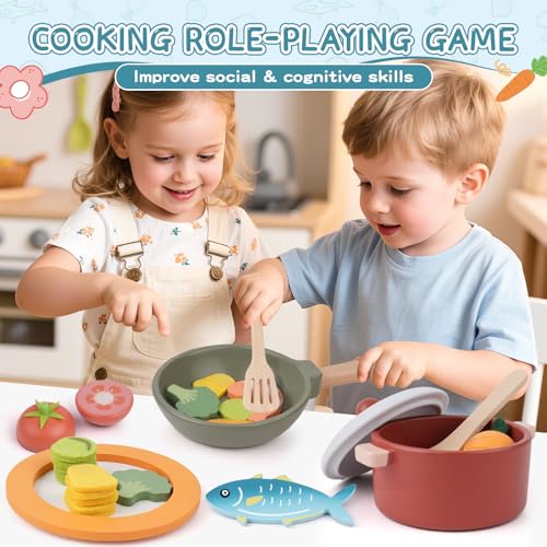 Wooden Play Kitchen Accessories, Pretend Play Food for Kids with Dishes